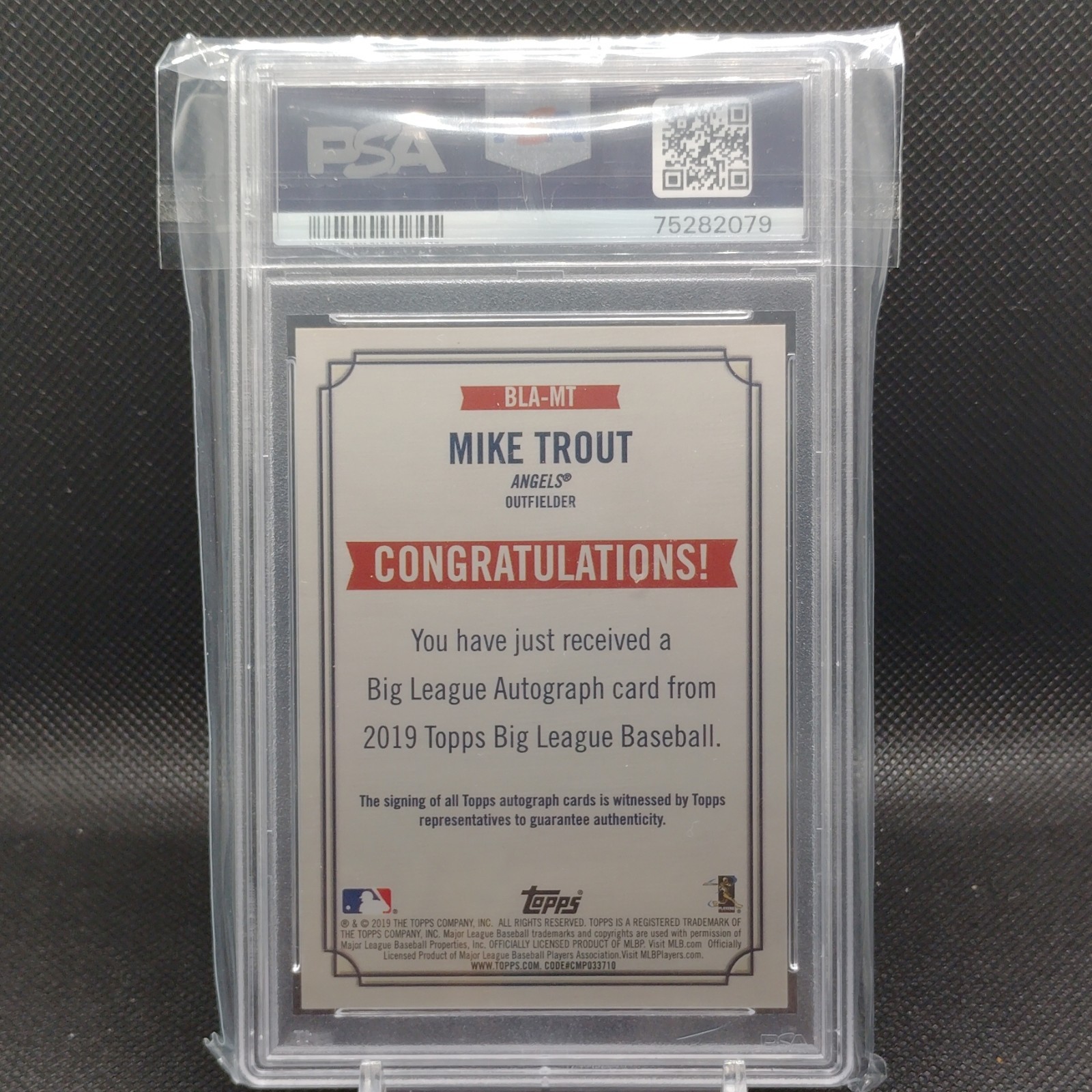 2019 Topps Big League Autographs Mike Trout Angels #BLA-MT PSA 10 Auto view 2