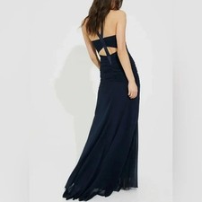 HALSTON HERITAGE SLEEVELESS RUCHED GEORGETTE GOWN DRESS DARK NAVY $495. Sz 6