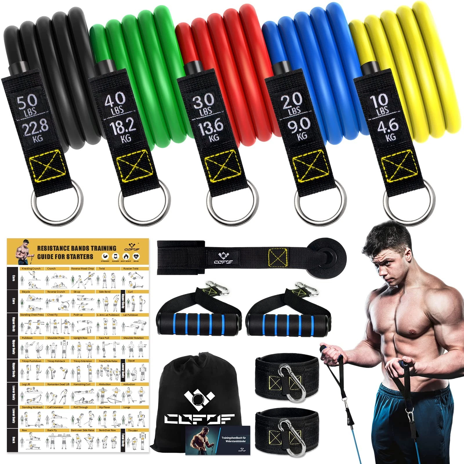 Resistance Bands Set with Handles, Exercise Bands Stackable up to 150lbs,