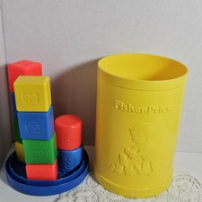 1977 Fisher Price Baby's First Blocks Shape Sorter Bucket With 10 Shapes Vintage