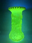 Fenton Iris Topaz Carnival Glass Vase 12” Vaseline Opalescent Iridescent Vintage