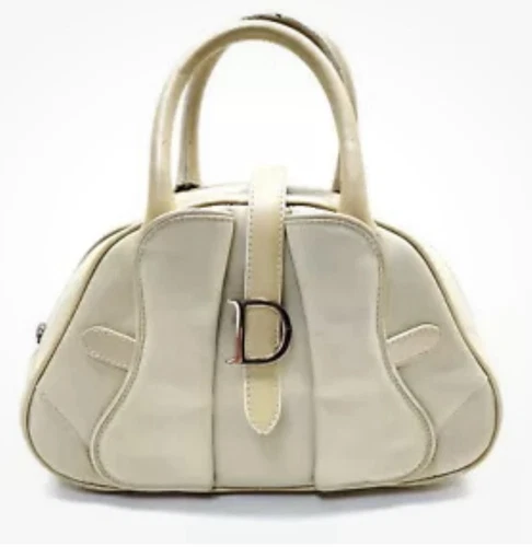 Sac à main double selle Christian Dior vintage crème/blanc cassé fermeture éclair cuir nylon