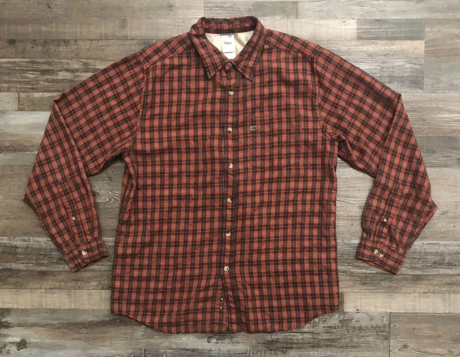 North Face Mens Large Red Plaid Long Sleeve Button Down Shirt Hiking Outdoor