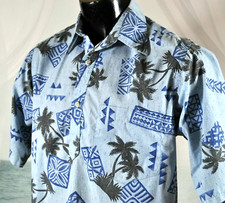 GO BAREFOOT Hawaiian Pullover SHIRT Sz M Light Blue Palm Trees Tribal USA-Made