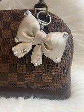 Beige Bow Plush Keychain Cute Pom Pom Keyring Key Chain Bag Charm Bling