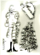 Wine Bottles Glasses CHRISTMAS TREE Woman Santa Hat Clear Stamp 3" x 4"