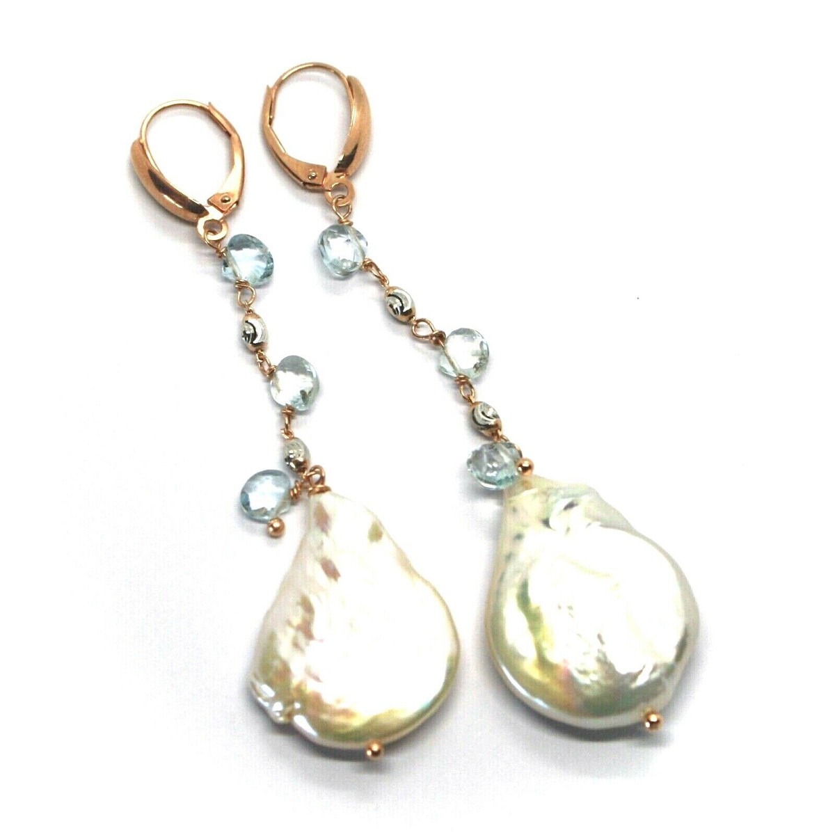 18K ROSE GOLD PENDANT EARRINGS AQUAMARINE DROPS, BIG BAROQUE