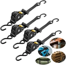 4 Pack Retractable Ratchet Tie-Down Straps 1500LBS Heavy-Duty for Boat, ATV, UTV