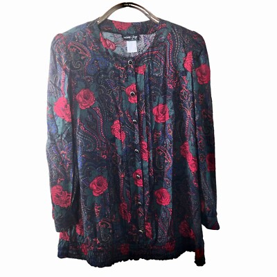 More Jazz Vintage Blouse Plus Size 22W Black Green Red Paisley Roses Pleated