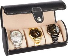 LETURE Vegan Leather Watch Case 3-Slot, Watch Roll Travel Storage Organizer