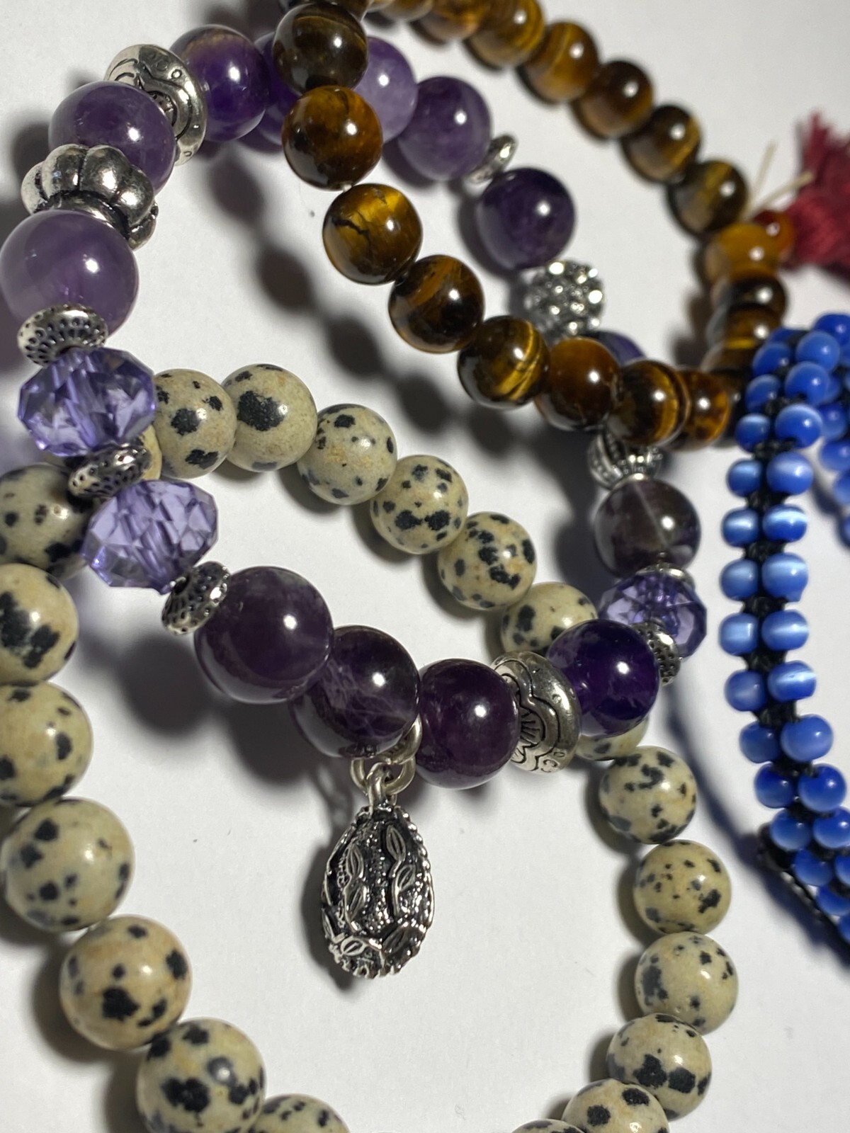 Lot 4 Fun Stone Stacking Bracelets Ameythist Tige… - image 1