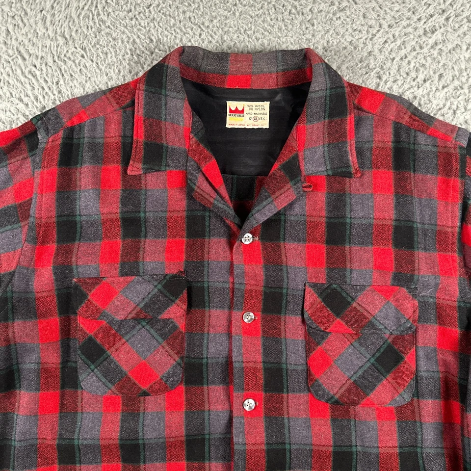 Super Japanese Vtg 1950s Brushed Wool Grant-Crest Mens XL Plaid Loop Collar - Image 2 of 4