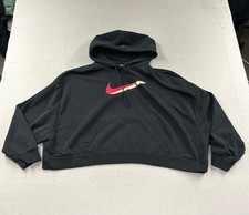 Nike Womens Oversized Cropped Black Hoodie Sweatshirt DJ1074-010 Red Swoosh XL