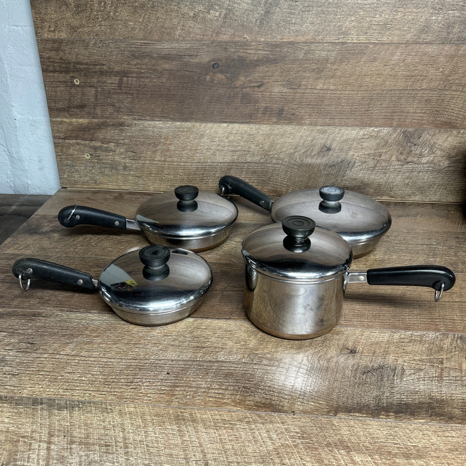 VTG 8 Piece Set Revere Ware 1801 Pots Pans Skillet & Lids Copper Bottom See Pics