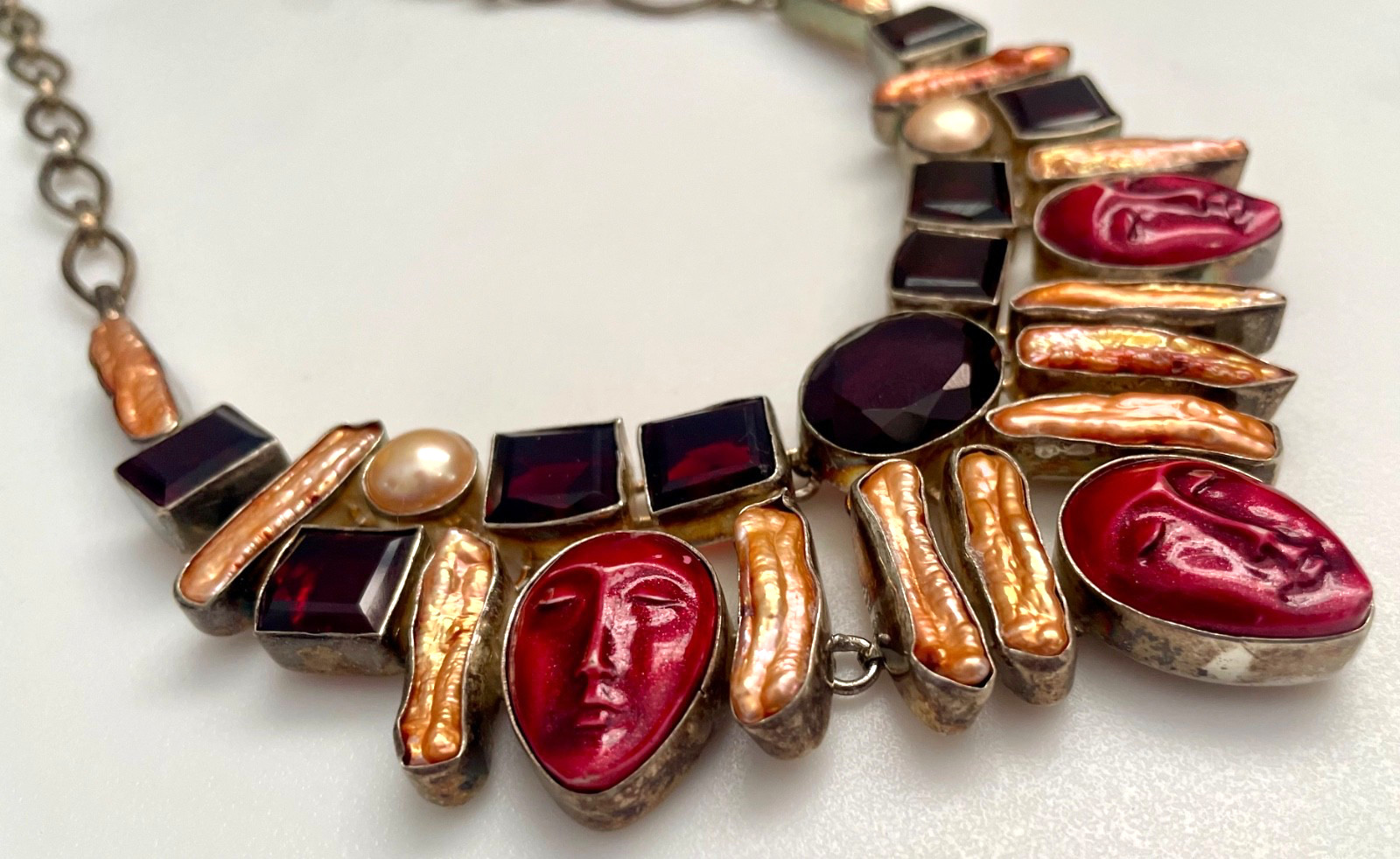 Artisan Silver Plated Statement Necklace Red Crys… - image 2