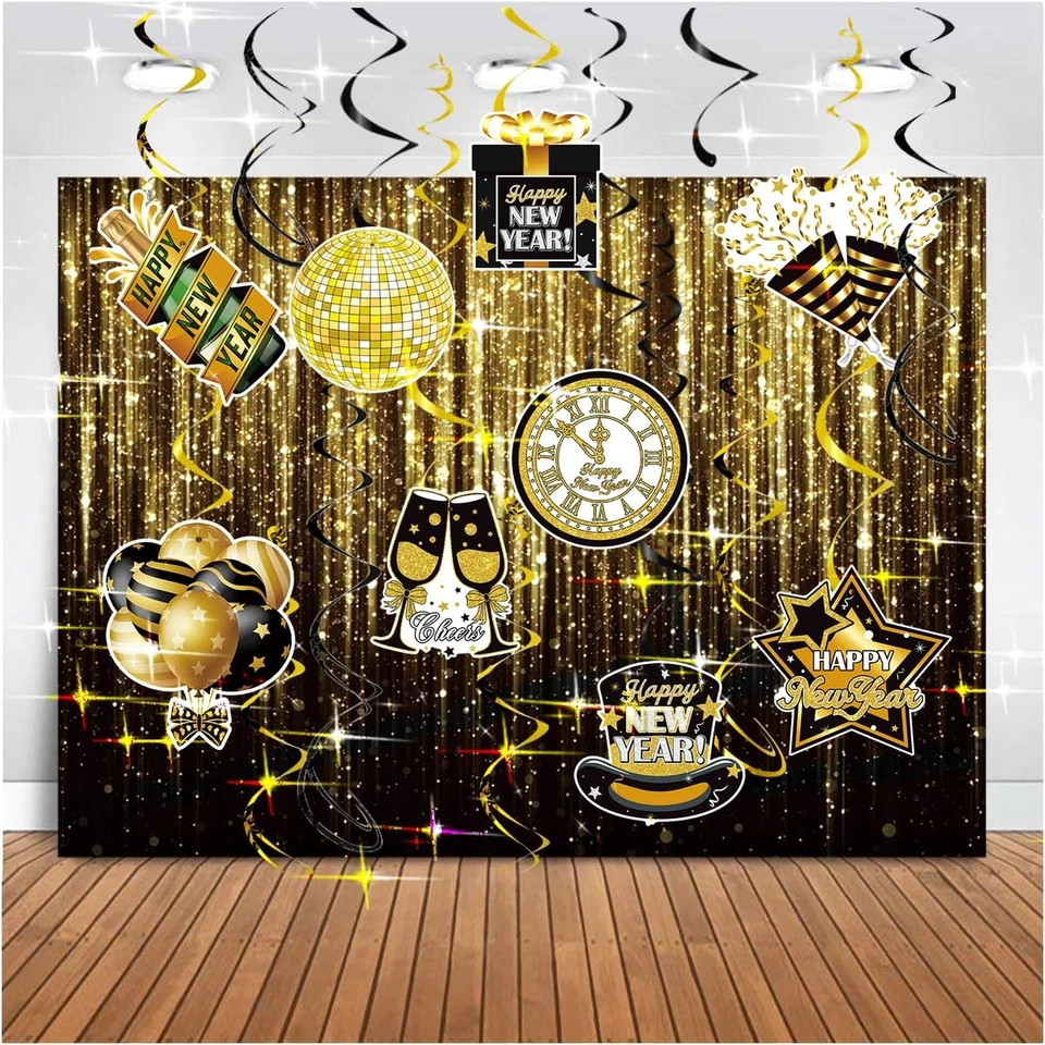 Decoraciones de fiesta de Año Nuevo Hollywood 2025 - Remolinos colgantes de oro negro Foto 4 de 4