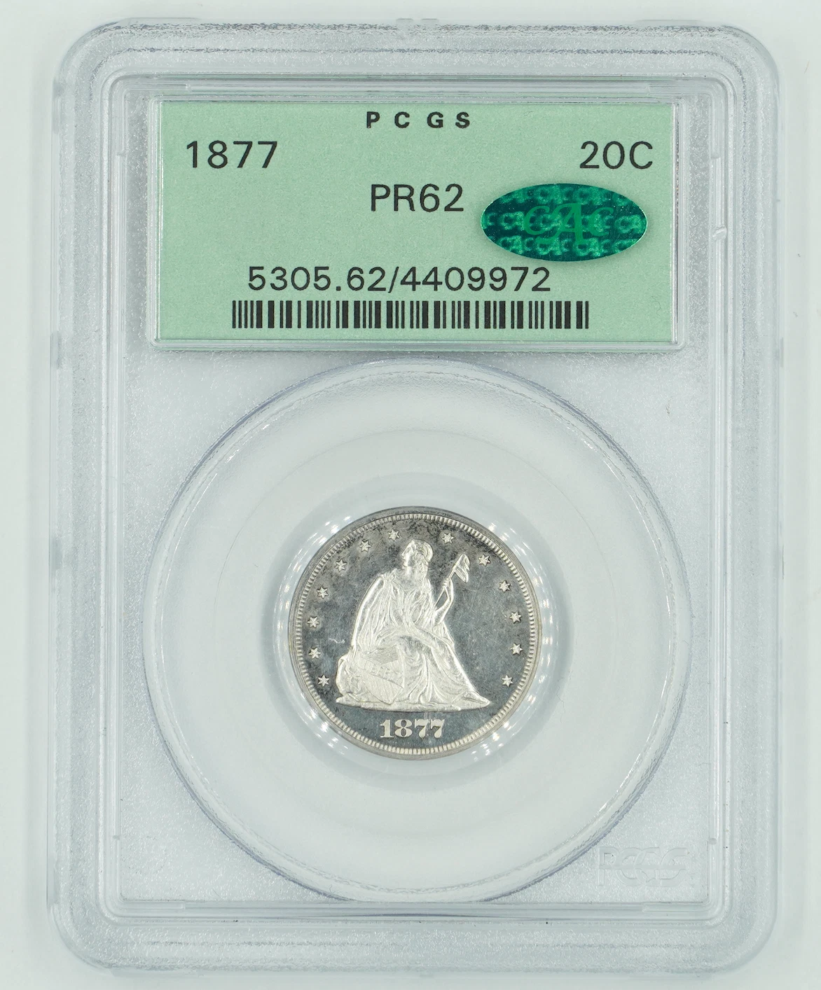 1877 PCGS & CAC PR62 Twenty Cent Piece Old Green Holder