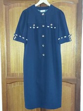 Vintage Schneberger Wool blend Blue Button Down Dress Sz 16 Blue White Buttons