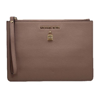 Michael Kors XL Adele Pebbled Leather Zip Clutch Wristlet Color Fawn Card Slots