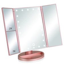 Tri-Fold Lighted Vanity Makeup Mirror 22 LED 1x 2x 3x Rose Gold USB Dimmable New