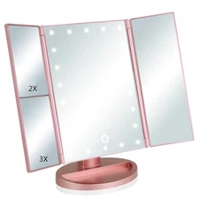 Tri-Fold Lighted Vanity Makeup Mirror 22 LED 1x 2x 3x Rose Gold USB Dimmable New