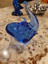 VINTAGE Cobalt Blue Glass ELEPHANT FIGURINE Trunk Up Figural Animal 3"