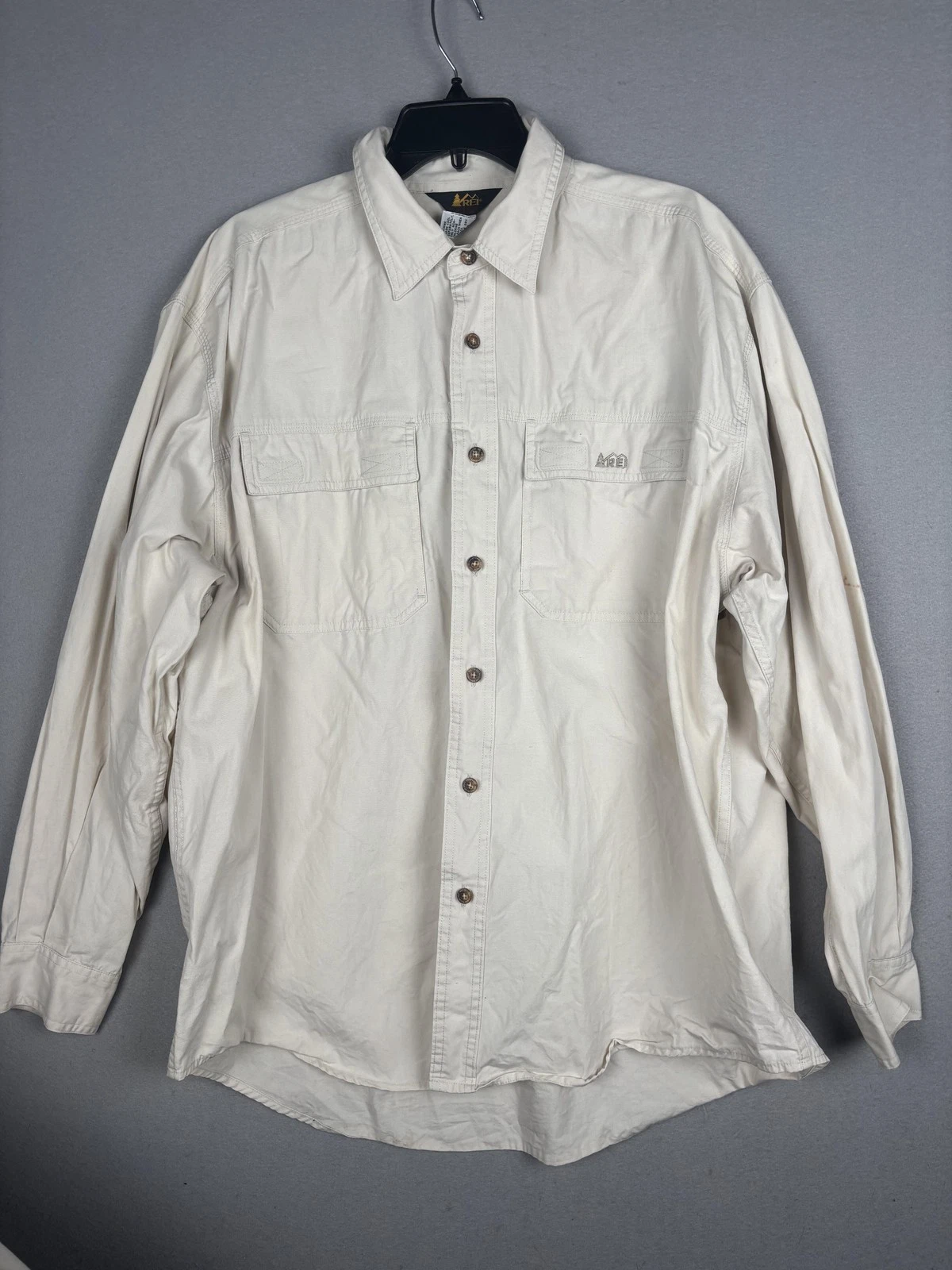 REI Shirt Mens Large White Twill Long Sleeve Button Up Hiking Outdoor Fishing