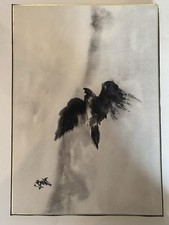 Modern Sumi-e Ink Painting – Bird in Flight, Signed Asian Brush Art