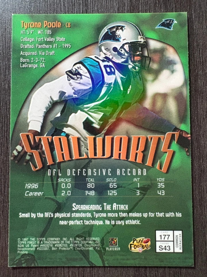 1996 Topps Finest Tyrone Poole #128 Carolina Panthers Refractor - Image 2 of 2