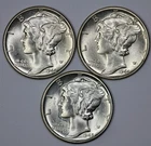 1944, 1944-S & 1945 Mercury 10c Silver Dimes Lot of 3 Brilliant UNC