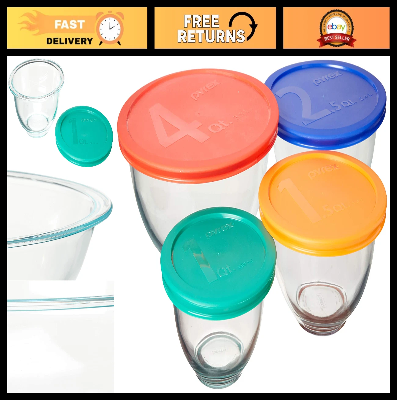 8-Piece Glass Mixing Bowls Set with Plastic Lids - Durable, Stackable, BPA-Free