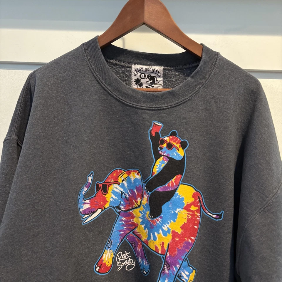 Riot Society Sweatshirt Mens XL Panda Elephant Tie Dye Crewneck Pullover Graphic - Image 4 of 4