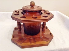 Vintage Dun-Rite 10 Smoking Pipe Wood Stand w/ Amber Duraglas Glass Humidor