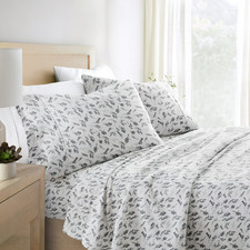 Light Gray Botanical 4 Piece 100 Cotton Flannel Deep Pocket Sheet Set, Queen