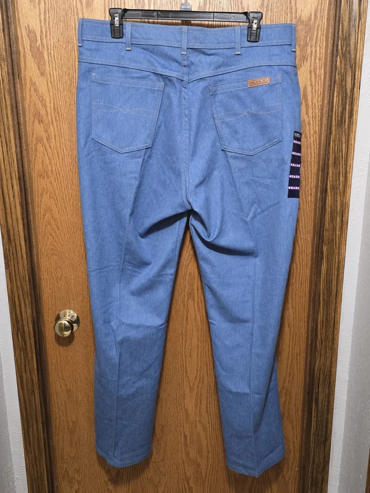 Jeans Vintage HONORS EE. UU. 42x32 Azul 50/50 Poli Algodón Denim Nuevo de Lote Antiguo Años 70 80 Foto 3 de 4