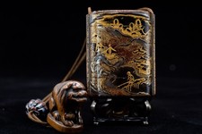 Antique Makie Inro with Shishi Netsuke Edo Period Samurai Japanese Antique