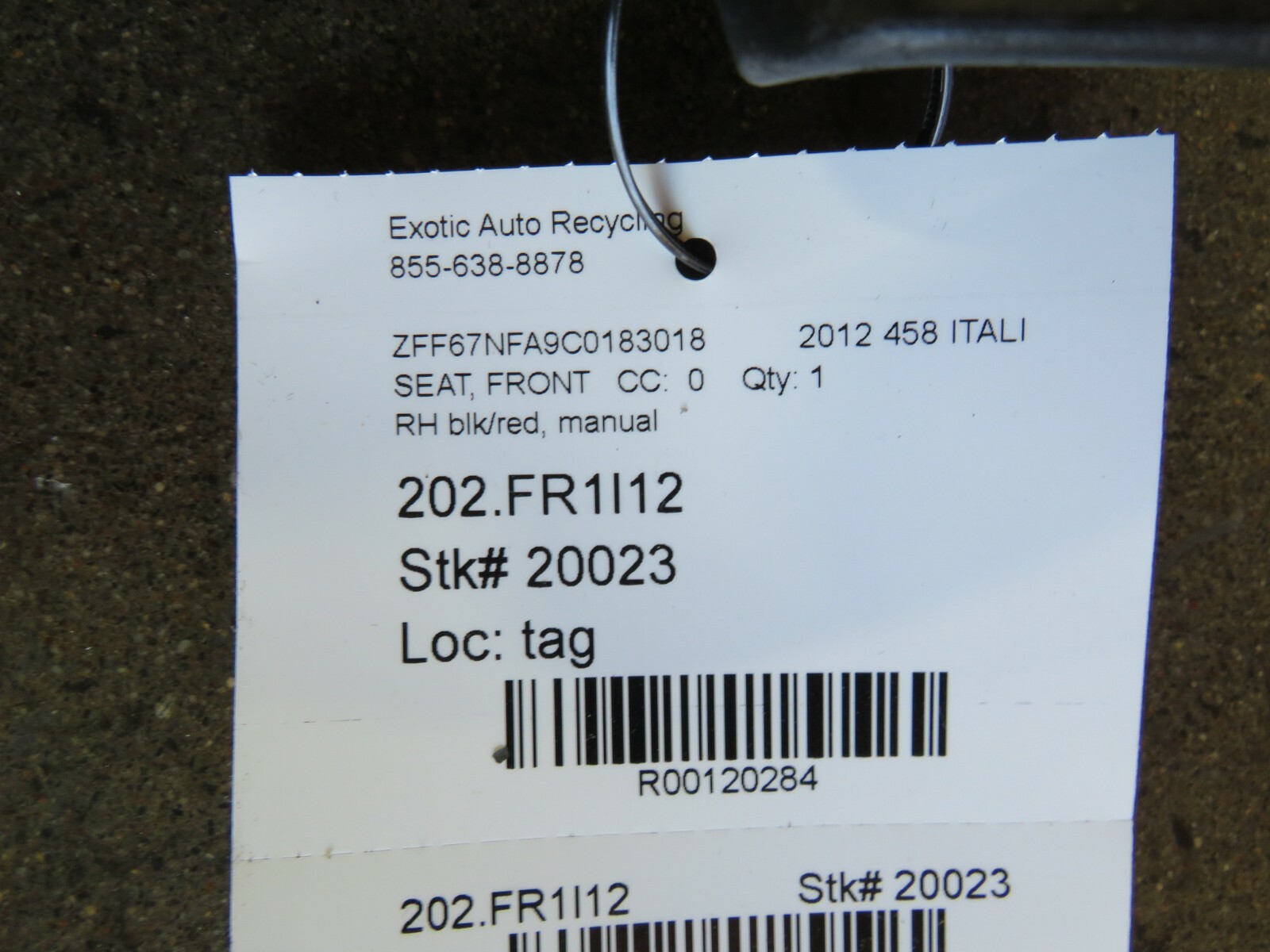 Ferrari F458 Italia, RH, Right Manual Seat, Black/Red, Used