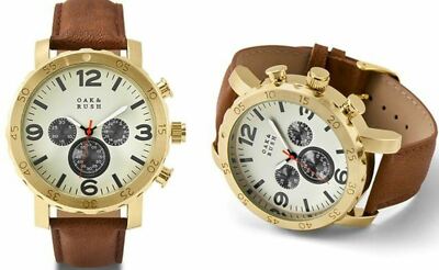 NEW Oak & Rush 1704D-OR Men's White Dial Gold Case Brown Leather Watch simple 