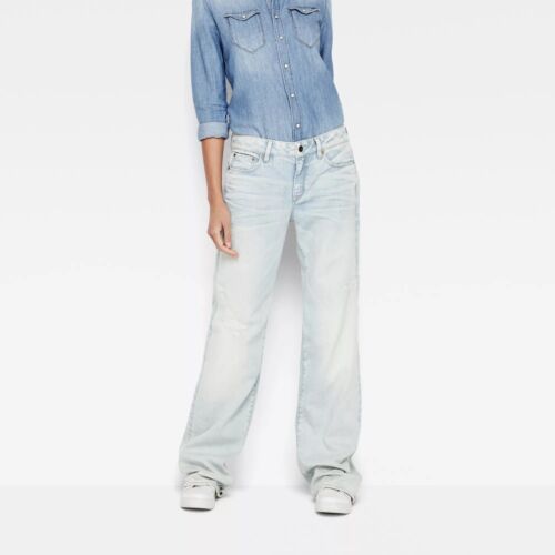 G-Star Raw 3301 Blue Denim Women Jeans Washed Low Boyfriend Flare W24 L32 RP£130 - Picture 1 of 4