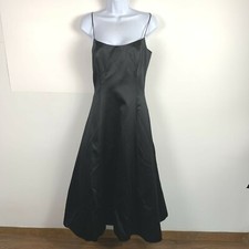 ABS Evening Black Satin Dress Sz 8 Spaghetti Strap Fit Flare Deep V Back Formal