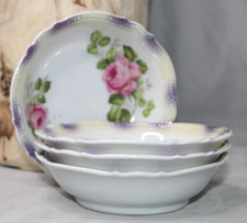 P.K. Silesia Set of 4 Bowls Shallow Pink Rose Pattern Purple Pop Edges