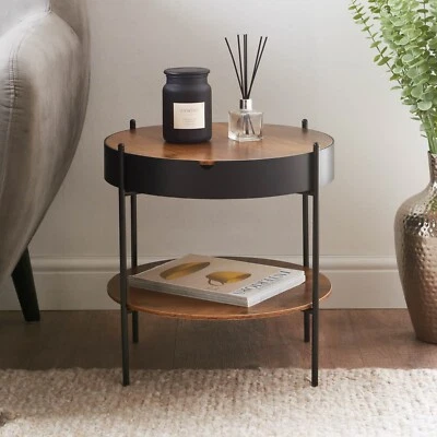 Round Side Table With Storage Rustic Oak Bedside Table Small Spaces Lamp Laptop