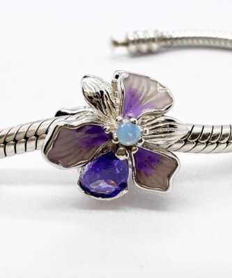 Iris Charm Bead Purple Flower Floral Opal Stone Genuine 925 Sterling Silver  