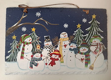 8 Snowmen Winter Christmas Scene Painted on Slate 12" x 8" Wall Hanging Painting