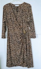 Calvin Klein Brown Black Spotted Print Ruched Wiggle Dress Size L V Neck B45