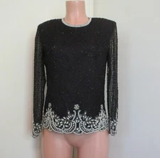 LAURENCE KAZAR SILK BLACK BEADED PULLOVER LONG SHEER SLEEVE EVENING TOP, SIZE PM