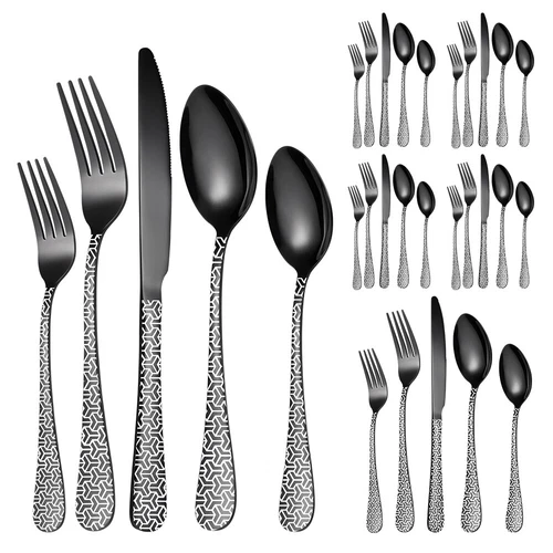 30tlg.Edelstahl Besteck Set Schwarz Matt für 6, Essbesteck mit Schachbrettmuster - Bild 3 von 11