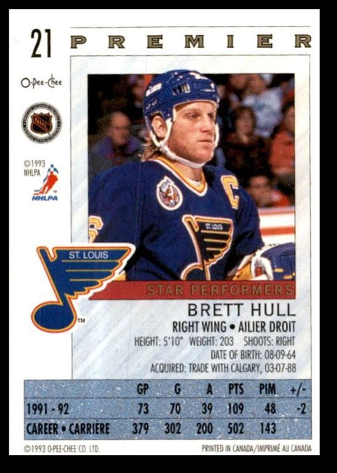 1992-93 O-Pee-Chee Premier Brett Hull St. Louis Blues #21 - Image 2 of 2