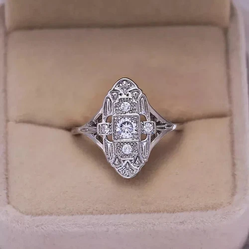 14k White Gold FN Art Deco Style Round Cut Lab-Created Diamond Engagement Ring