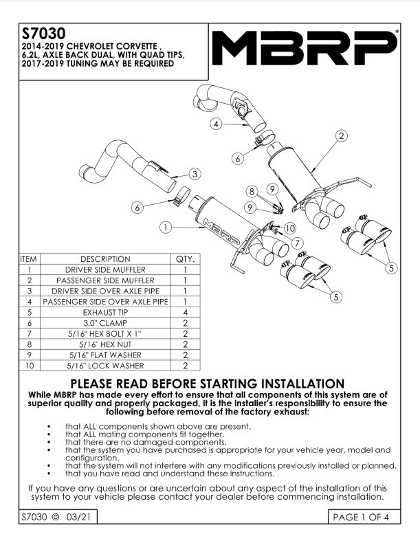 MBRP 3" Axle Back Exhaust System Quad Fits 1419 Chevy Corvette
